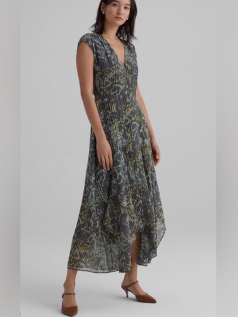 Club Monaco Printed Midi Dress V-Neck Sleeveless Work Summer Chic Scarf Hem